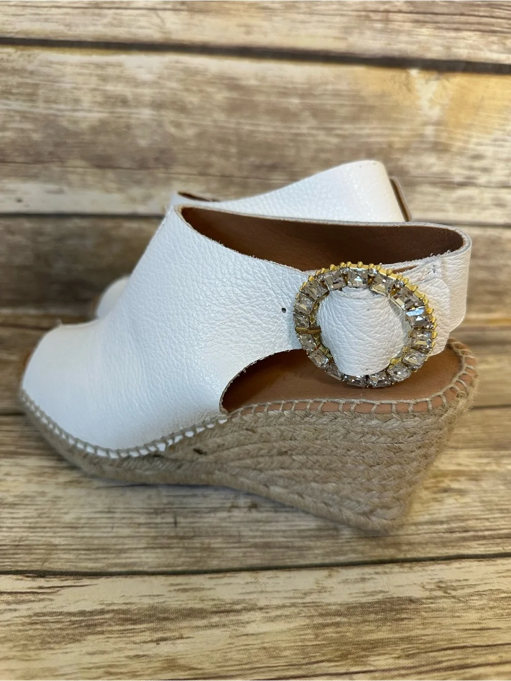 Maypol Nemi Leather Sz 8 Rhinestone Buckle Espadrille Wedge Sandals Shoes
